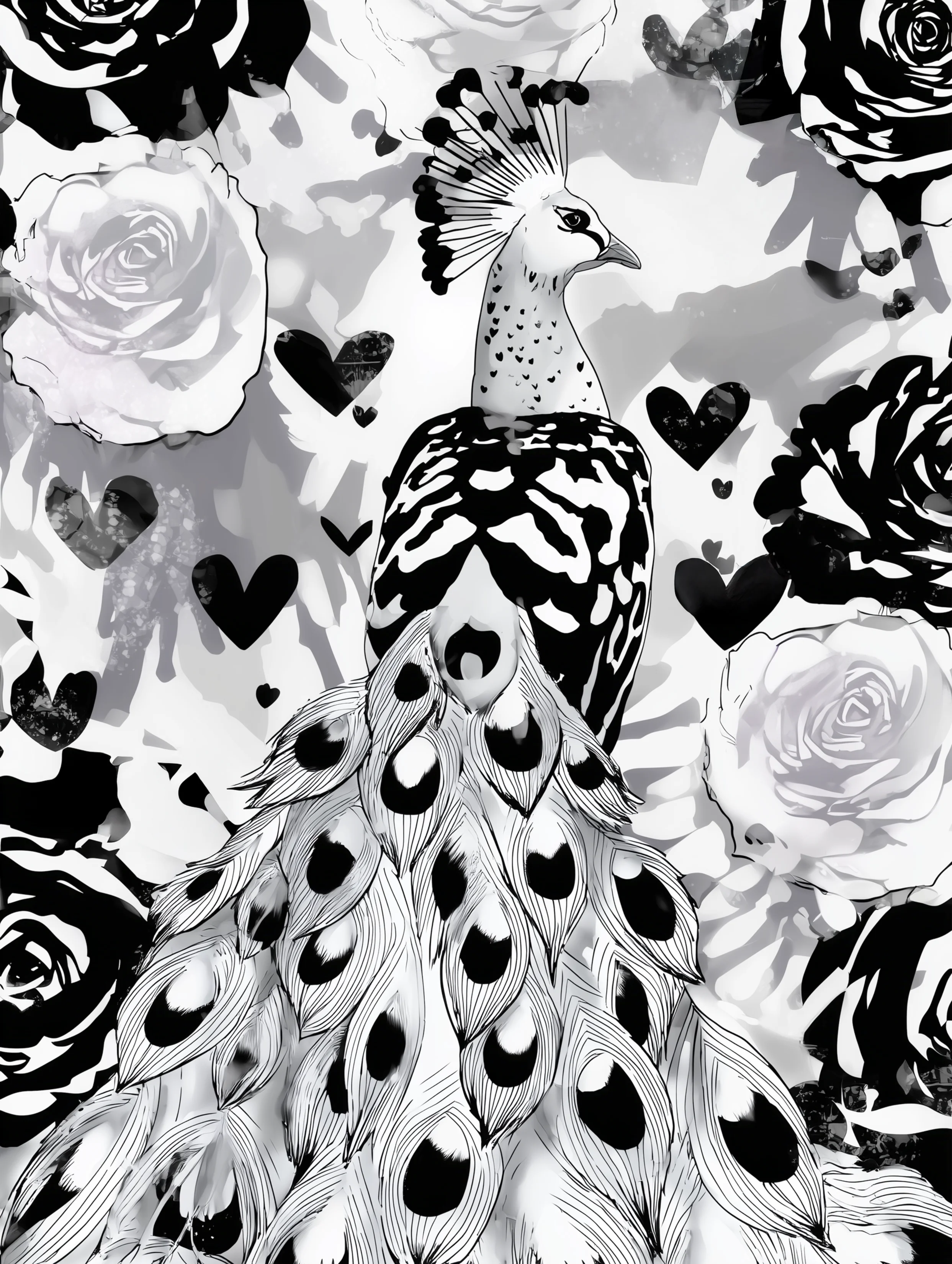 Free printable coloring page of peacock for adults featuring gray tail feathers peacock